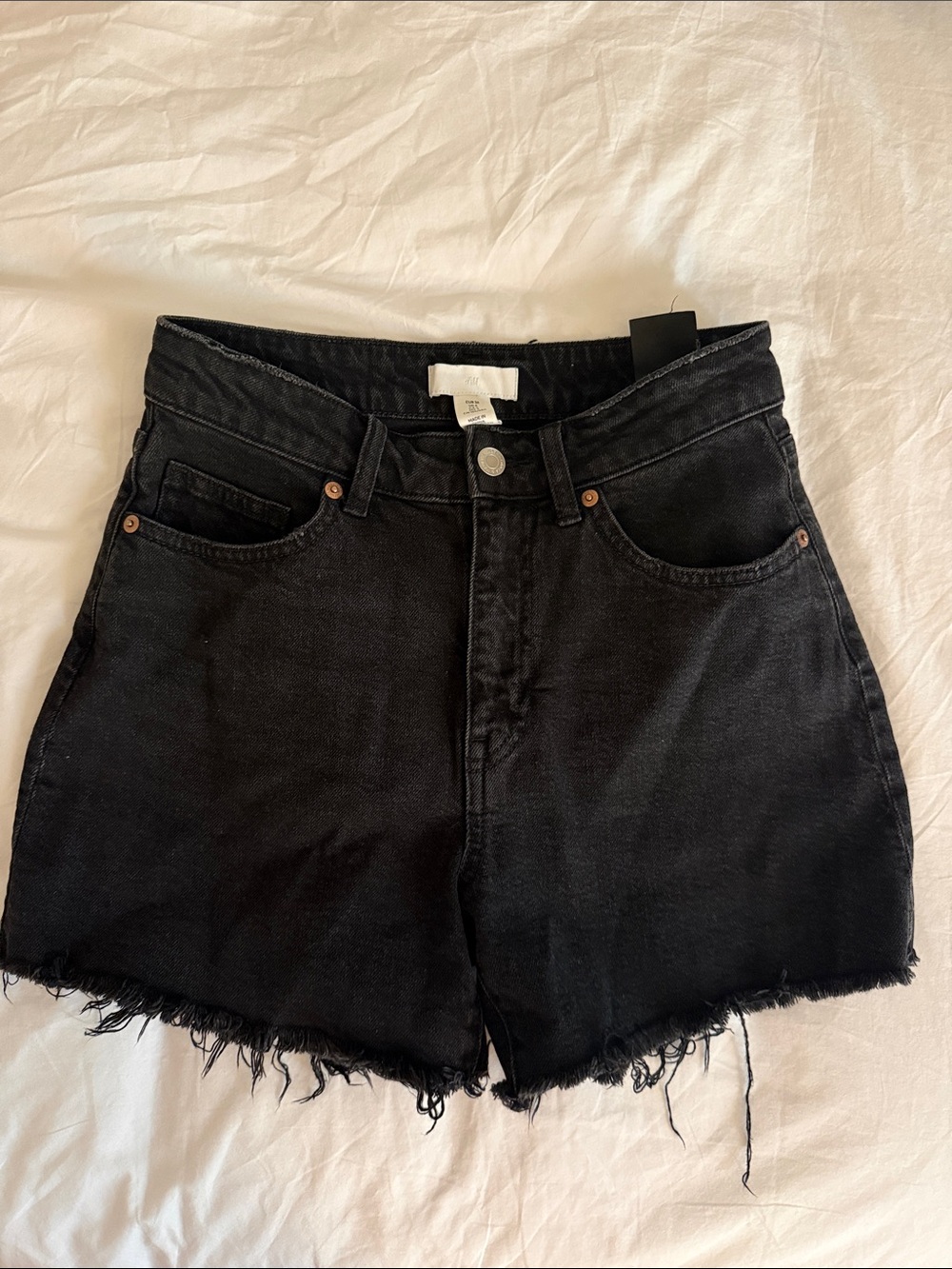 H&M Black High-Waist Frayed Denim Shorts